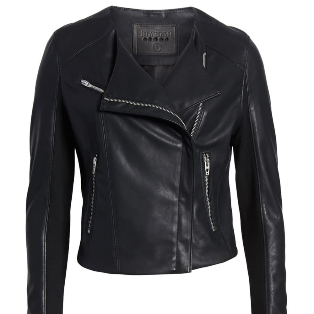 BLANKNYC Collarless Faux Leather Moto Jacket